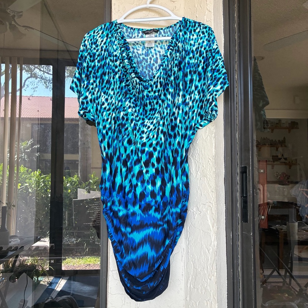 Carmen Marc Valvo Blue Teal Animal-Print V-Neck Swim Coverup - Picture 5 of 5